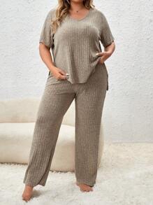 Ensemble de pyjama / pyjama en tricot côtelé grande taille - Kaki - Voir 3