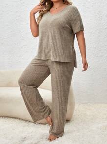Ensemble de pyjama / pyjama en tricot côtelé grande taille - Kaki - Voir 4