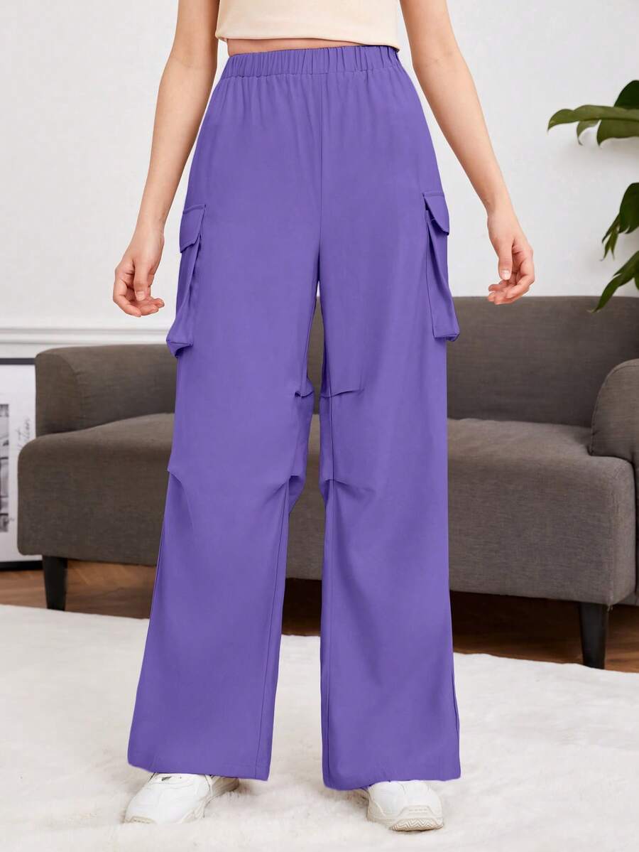 SHEIN 青少年女孩側翻蓋口袋工裝褲 - 紫羅蘭色 - 查看 1