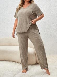 Ensemble de pyjama / pyjama en tricot côtelé grande taille - Kaki - Voir 5