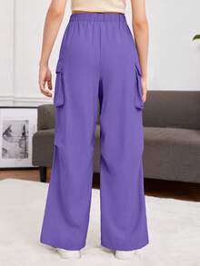 SHEIN 青少年女孩側翻蓋口袋工裝褲 - 紫羅蘭色 - 查看 2