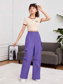 SHEIN 青少年女孩側翻蓋口袋工裝褲 - 紫羅蘭色 - 查看 5