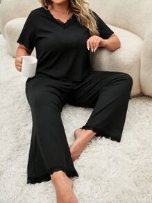 Plus Lace Trim Tee & Wide Leg Trousers PJ Set - Black - View 1