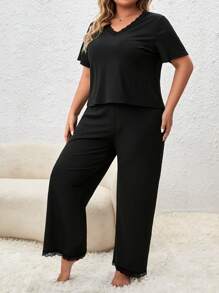 Plus Lace Trim Tee & Wide Leg Trousers PJ Set - Black - View 3