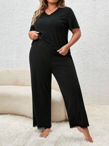 Plus Lace Trim Tee & Wide Leg Trousers PJ Set - Black - View 5