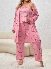 3 piezas Conjunto de pijama con letra & con estampado de melocotón - Rosa - Ver 1