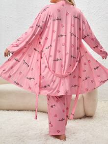 3 piezas Conjunto de pijama con letra & con estampado de melocotón - Rosa - Ver 2