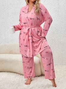 3 piezas Conjunto de pijama con letra & con estampado de melocotón - Rosa - Ver 4