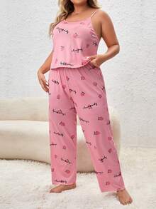 3 piezas Conjunto de pijama con letra & con estampado de melocotón - Rosa - Ver 5