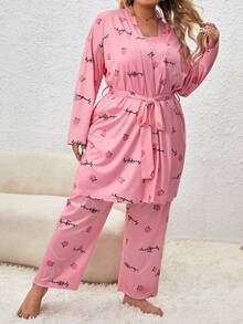 3 piezas Conjunto de pijama con letra & con estampado de melocotón - Rosa - Ver 6