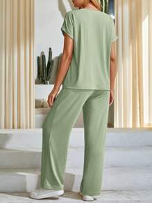 SHEIN Maternidad Camiseta de manga murciélago & Pantalones de cintura con cordón ajustable - verde menta - Ver 2