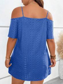 SHEIN LUNE Áo thun Plus size Dây kéo Nhẫn màu trơn Giải trí - Màu xanh lam - Xem 2