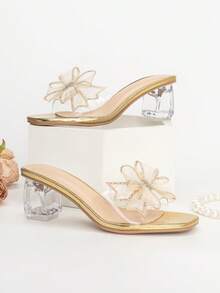 女性水鑽和蝴蝶結裝飾透明粗跟魅力四射織物穆勒涼鞋適合夏天 - 金色 - 查看 3