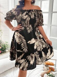SHEIN LUNE 大碼熱帶圖案一字肩荷葉邊連衣裙 - 黑色 - 查看 1