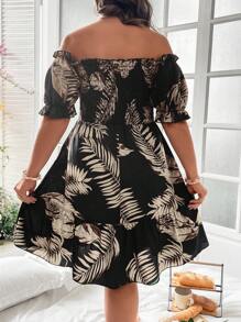 SHEIN LUNE 大碼熱帶圖案一字肩荷葉邊連衣裙 - 黑色 - 查看 2