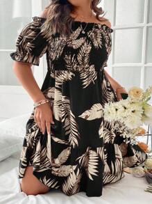 SHEIN LUNE 大碼熱帶圖案一字肩荷葉邊連衣裙 - 黑色 - 查看 4