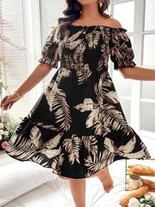 SHEIN LUNE 大碼熱帶圖案一字肩荷葉邊連衣裙 - 黑色 - 查看 6