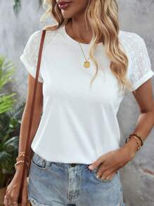 SHEIN LUNE Contrast Eyelet Embroidery Raglan Sleeve Tee - White - View 1
