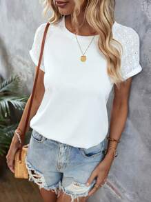 SHEIN LUNE Contrast Eyelet Embroidery Raglan Sleeve Tee - White - View 5