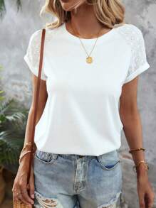 SHEIN LUNE Contrast Eyelet Embroidery Raglan Sleeve Tee - White - View 6
