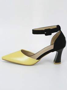 Women Two Tone Point Toe High Heeled Pumps, Funky Ankle Strap Pumps For Outdoor - Mustard Yellow - View 2