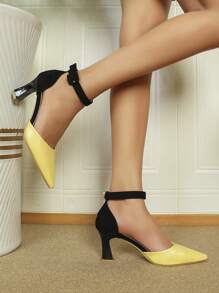 Women Two Tone Point Toe High Heeled Pumps, Funky Ankle Strap Pumps For Outdoor - Mustard Yellow - View 5