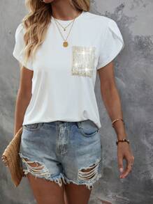 SHEIN LUNE Contrast Sequin Petal Sleeve Pocket Patched Tee Graphic Tees Women Tops