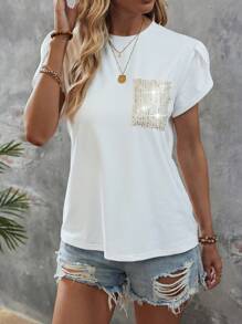 SHEIN LUNE Contrast Sequin Petal Sleeve Pocket Patched Tee Graphic Tees Women Tops