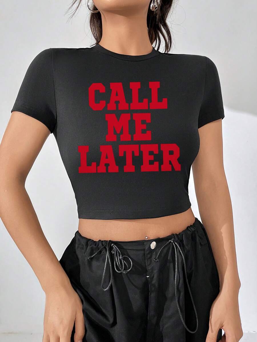 SHEIN EZwear 標語圖案短款T恤 - 黑色 - 查看 1