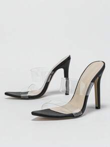 Jin Bei Qi Spring/Summer Women's Glass Strap Pointed Toe Stiletto High Heel Sandals, Minimalist Casual Solid Color Fashion Party Dress Transparent White High Heels - Black - View 4