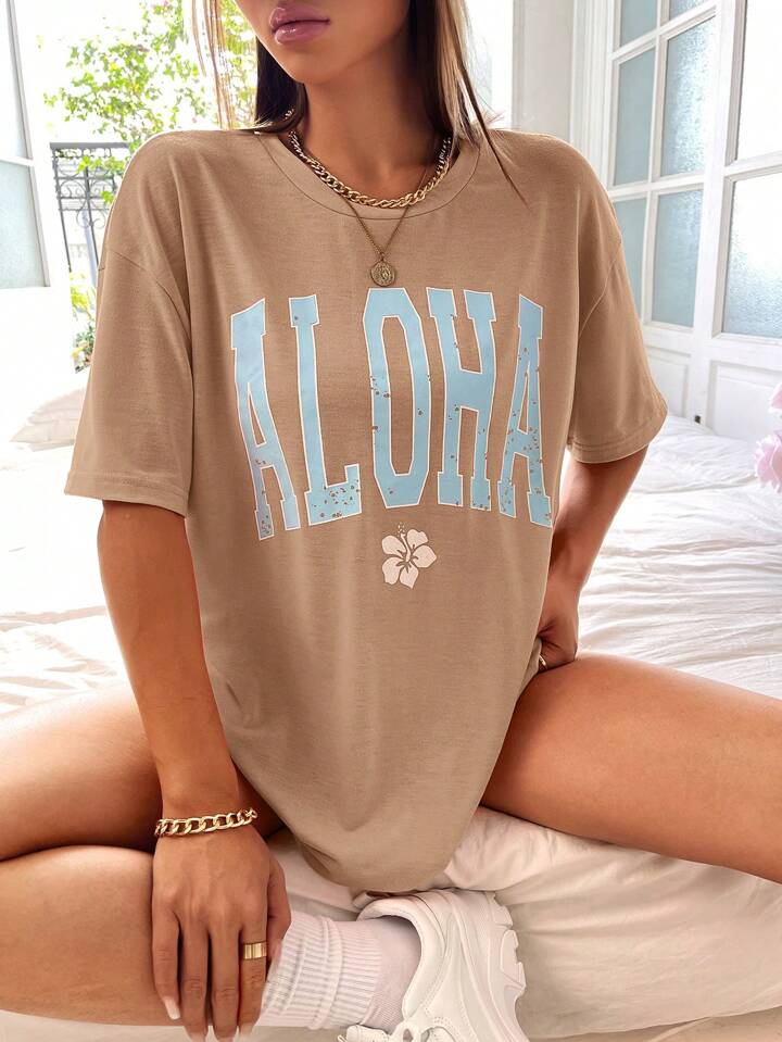 SHEIN EZwear プラス 文字グラフィック カラーブロック ドロップショ SHEIN EZwear プラス 文字グラフィック Tシャツ | SHEIN JAPAN