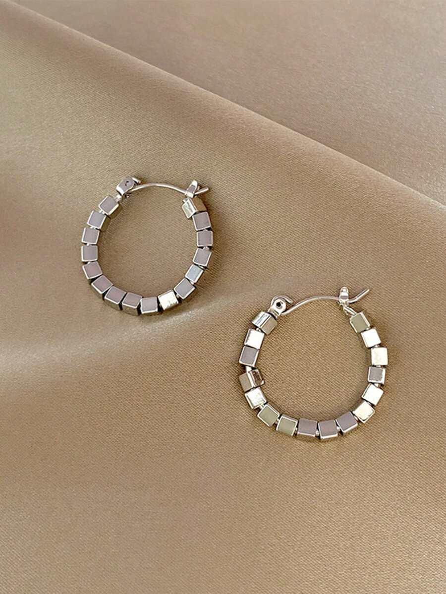 極簡風格串珠圓耳環 - 復古銀色 - 查看 1