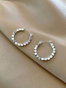 極簡風格串珠圓耳環 - 復古銀色 - 查看 4