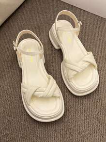 女士優雅白色涼鞋，扭紋裝飾厚底踝帶涼鞋 - 米色 - 查看 3