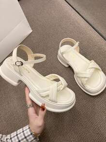 女士優雅白色涼鞋，扭紋裝飾厚底踝帶涼鞋 - 米色 - 查看 4