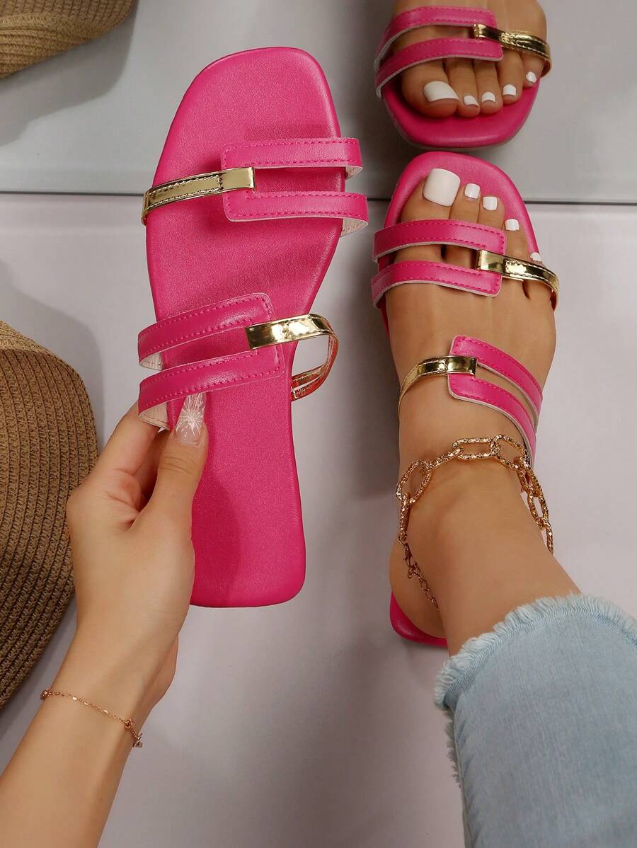 Funky Hot Pink Sandals For Women, Two Tone Cut Out Design Slide Sandals - Hot Pink - View 1