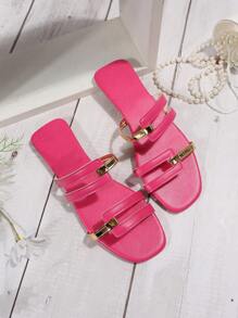 Funky Hot Pink Sandals For Women, Two Tone Cut Out Design Slide Sandals - Hot Pink - View 4