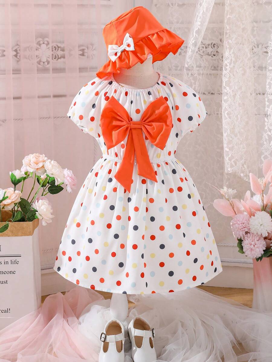 SHEIN 小女童波點圖案前蝴蝶結泡泡袖洋裝附帽子 - 彩色 - 查看 1