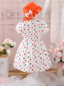 SHEIN 小女童波點圖案前蝴蝶結泡泡袖洋裝附帽子 - 彩色 - 查看 2