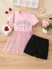 Bộ thời trang bé gái Tương phản Mesh Lá thư Giải trí - Nhiều màu - Xem 1