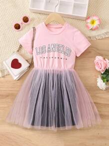 Bộ thời trang bé gái Tương phản Mesh Lá thư Giải trí - Nhiều màu - Xem 3