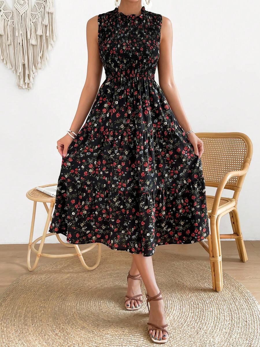 SHEIN LUNE Floral Print Ruffle Hem Dress - Black - View 1