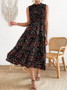 SHEIN LUNE Floral Print Ruffle Hem Dress - Black - View 3