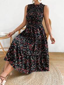 SHEIN LUNE Floral Print Ruffle Hem Dress - Black - View 5