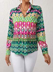 SHEIN Privé Camisa con estampado con botón delantero - Multicolor - Ver 3