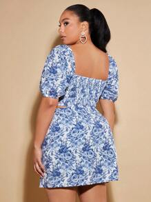 SHEIN BAE Váy Plus Size Chia Dây kéo Hoa Tất cả trên in Boho - Xanh và trắng - Xem 2