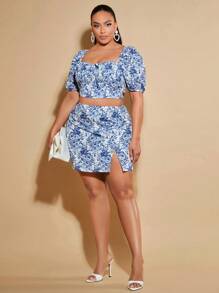 SHEIN BAE Váy Plus Size Chia Dây kéo Hoa Tất cả trên in Boho - Xanh và trắng - Xem 6