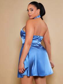 SHEIN BAE Plus Solid Halter Neck Backless Satin Dress - Royal Blue - View 2