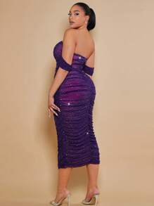 SHEIN BAE 派對褶邊 扭結 拉鍊 水鑽純色加大洋裝 - 紫色 - 查看 2