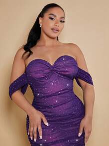 SHEIN BAE 派對褶邊 扭結 拉鍊 水鑽純色加大洋裝 - 紫色 - 查看 6
